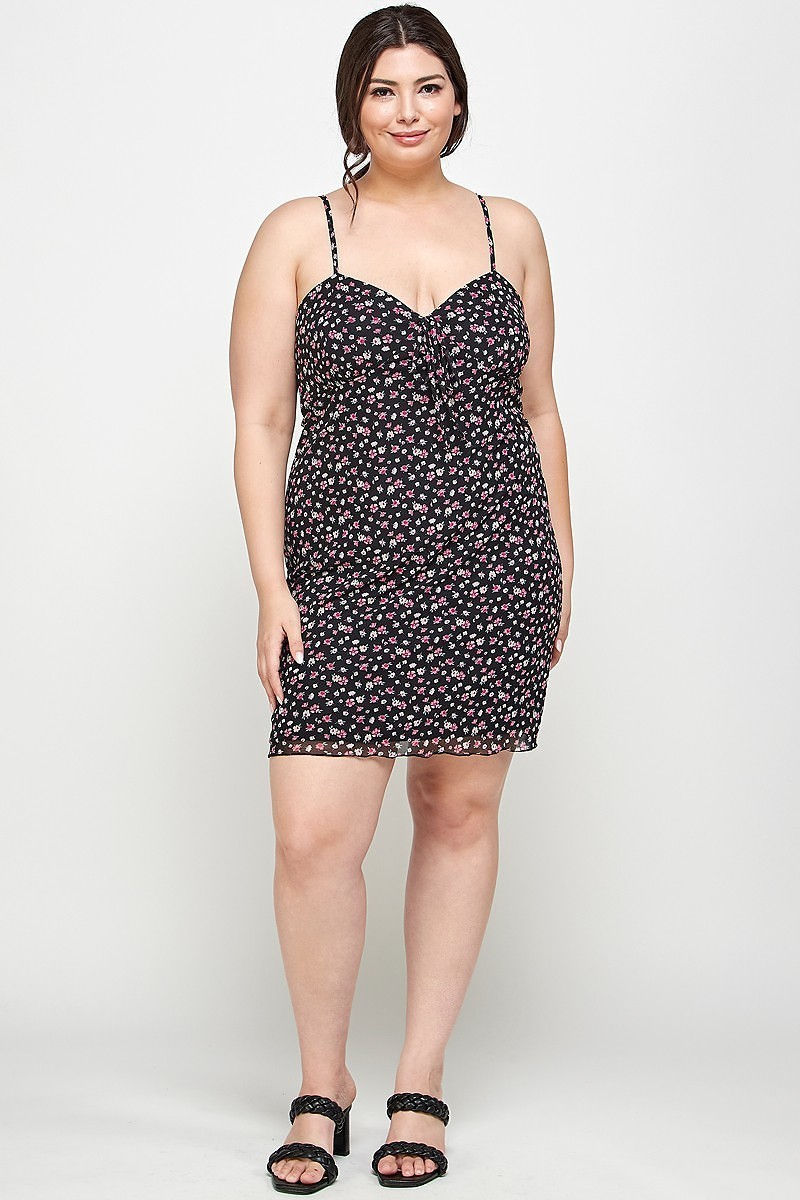 Thumbnail: Plus Size Ditsy Floral Print On Mesh Fabric Cami Dress