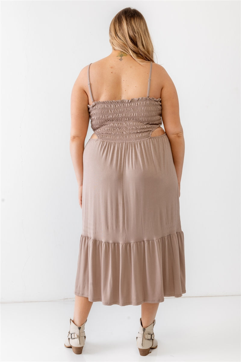 Thumbnail: Plus Smocked Cut-out Strappy Flare Hem Midi Dress