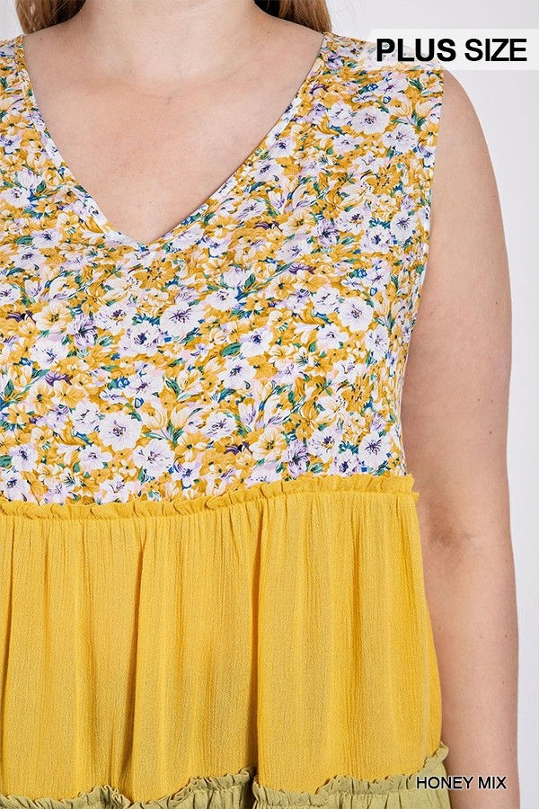 Thumbnail: Floral Color Block Ruffle Detail Tiered V-neck Top