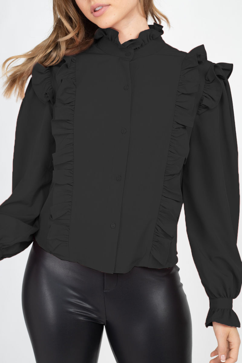 Thumbnail: Mock Neck Ruffled Buttoned Top