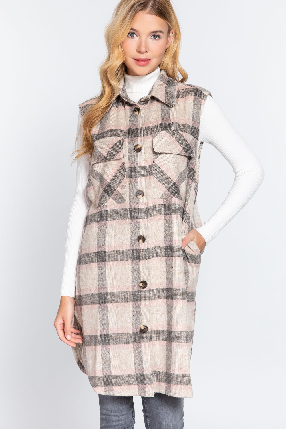 Notched Collar Brushed Plaid Vest    