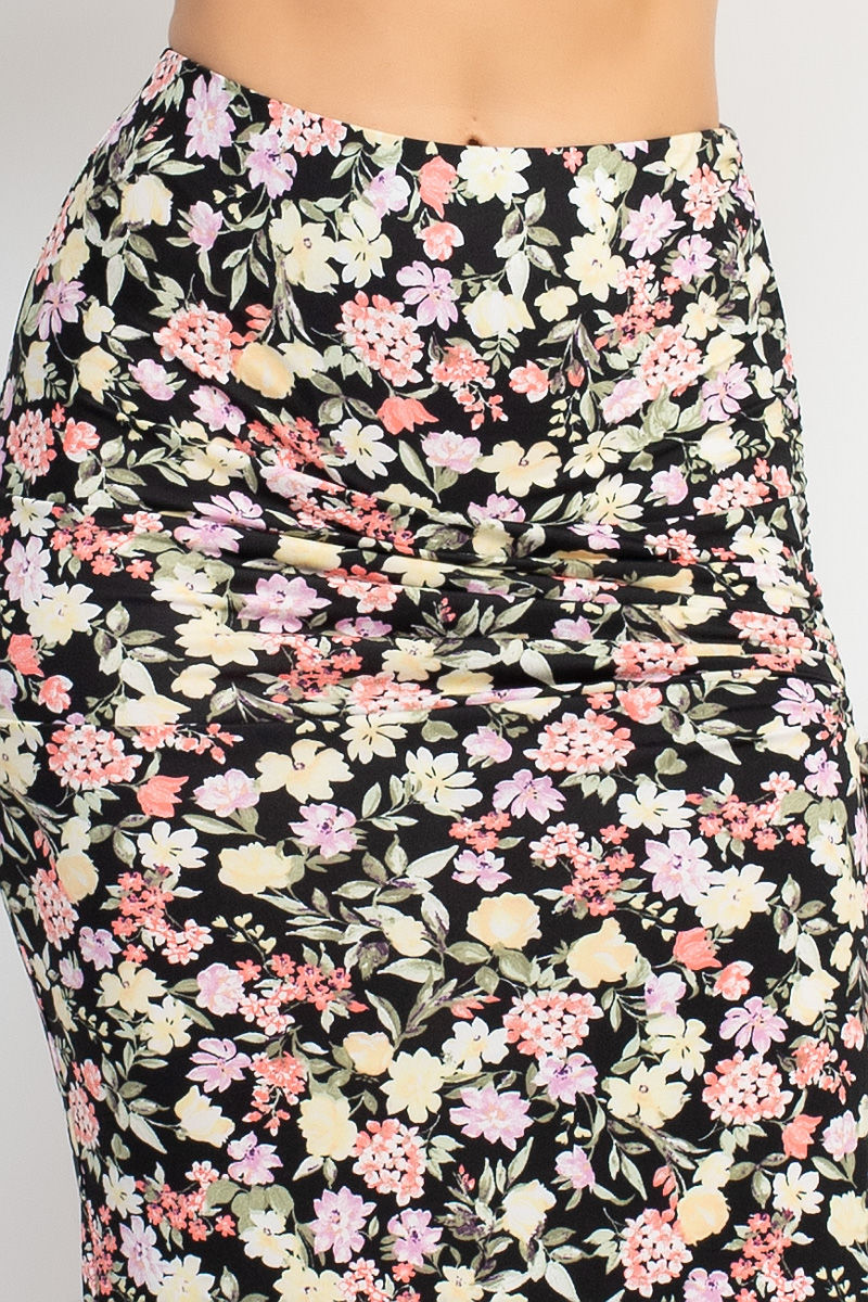 Thumbnail: Front Knot Floral Top & Ruched Maxi Skirts Set