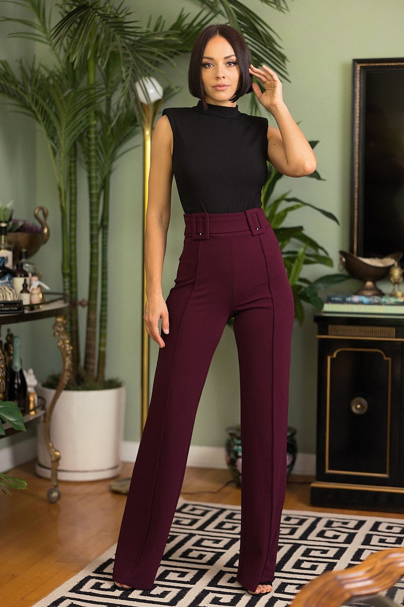 Thumbnail: High Waist Pants With Self Fabric Buckle Detail On The Waist