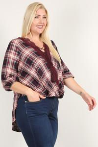 Thumbnail: Plaid 3/4 Sleeve Top With Hi-lo Hem, V-neckline, And Relaxed Fit