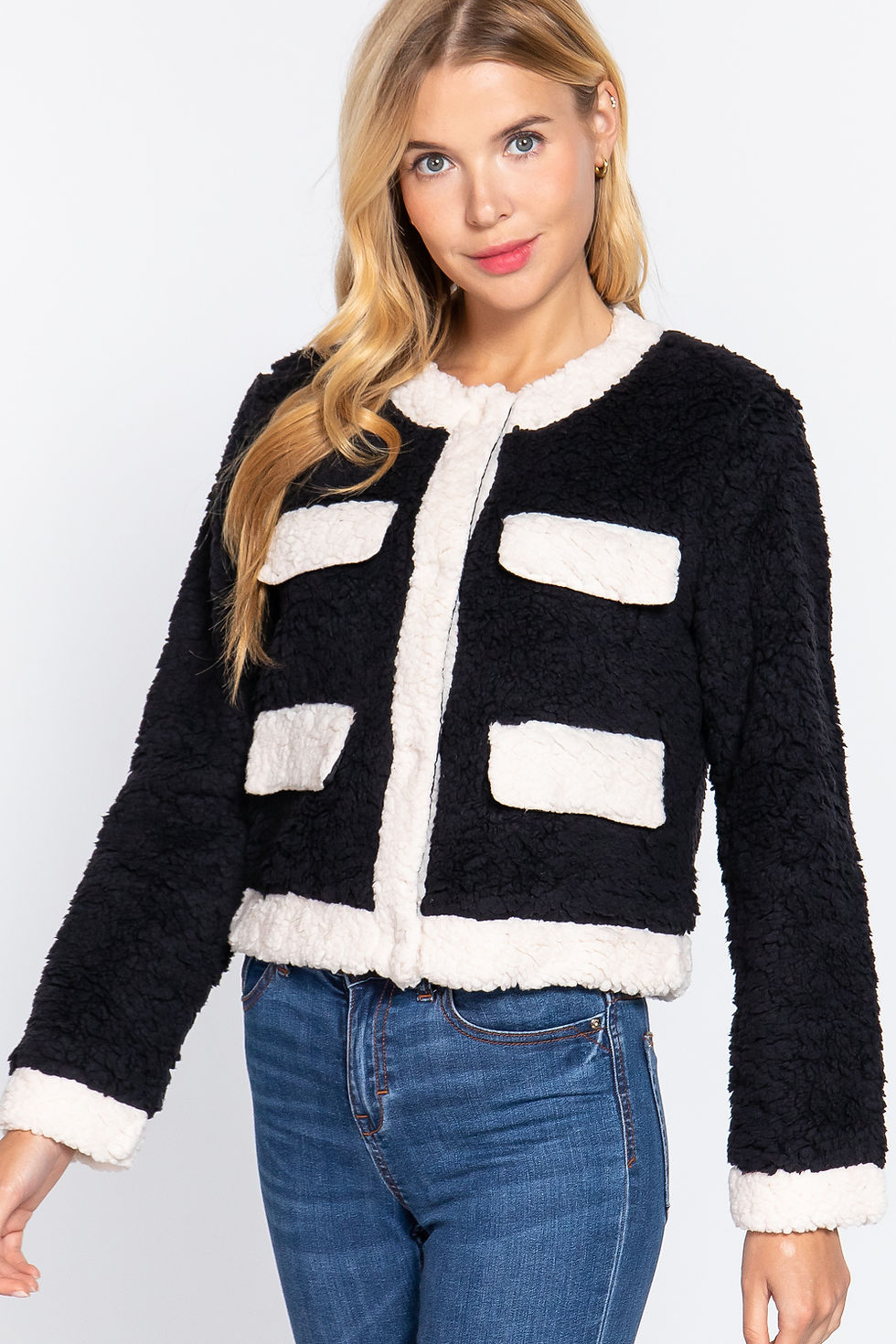 Thumbnail: Long Sleeve Pocket Detail Faux Fur Jacket
