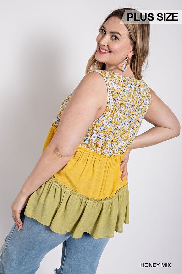 Thumbnail: Floral Color Block Ruffle Detail Tiered V-neck Top