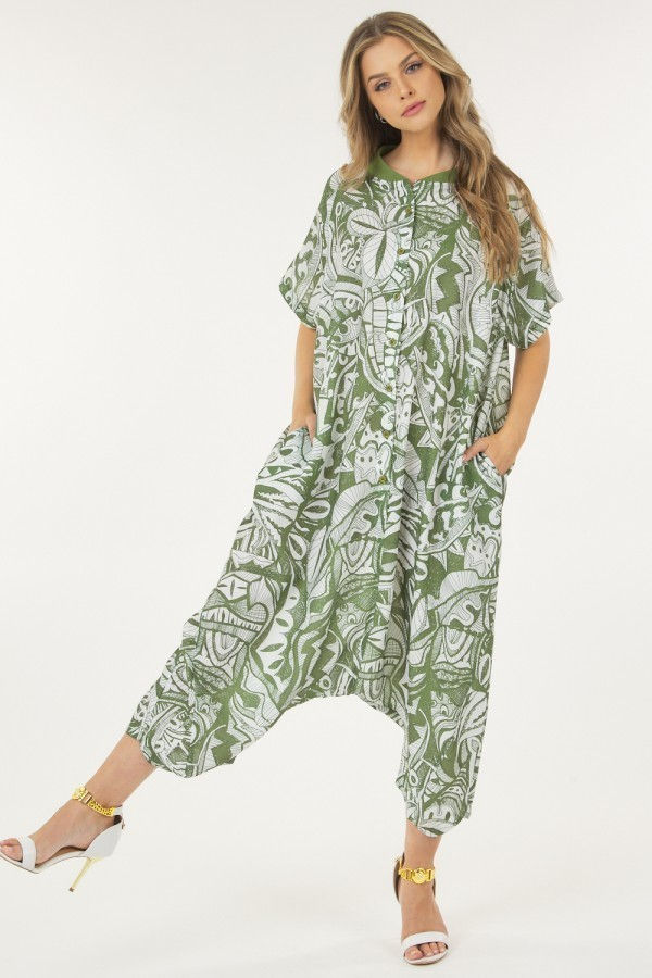 Thumbnail: Loose Round Neck Print Onesie-like Jumpsuit
