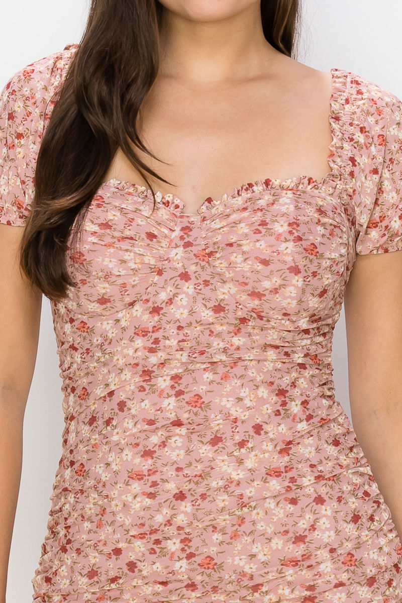 Thumbnail: Ruched Floral Ruffled Bodycon Dress         	