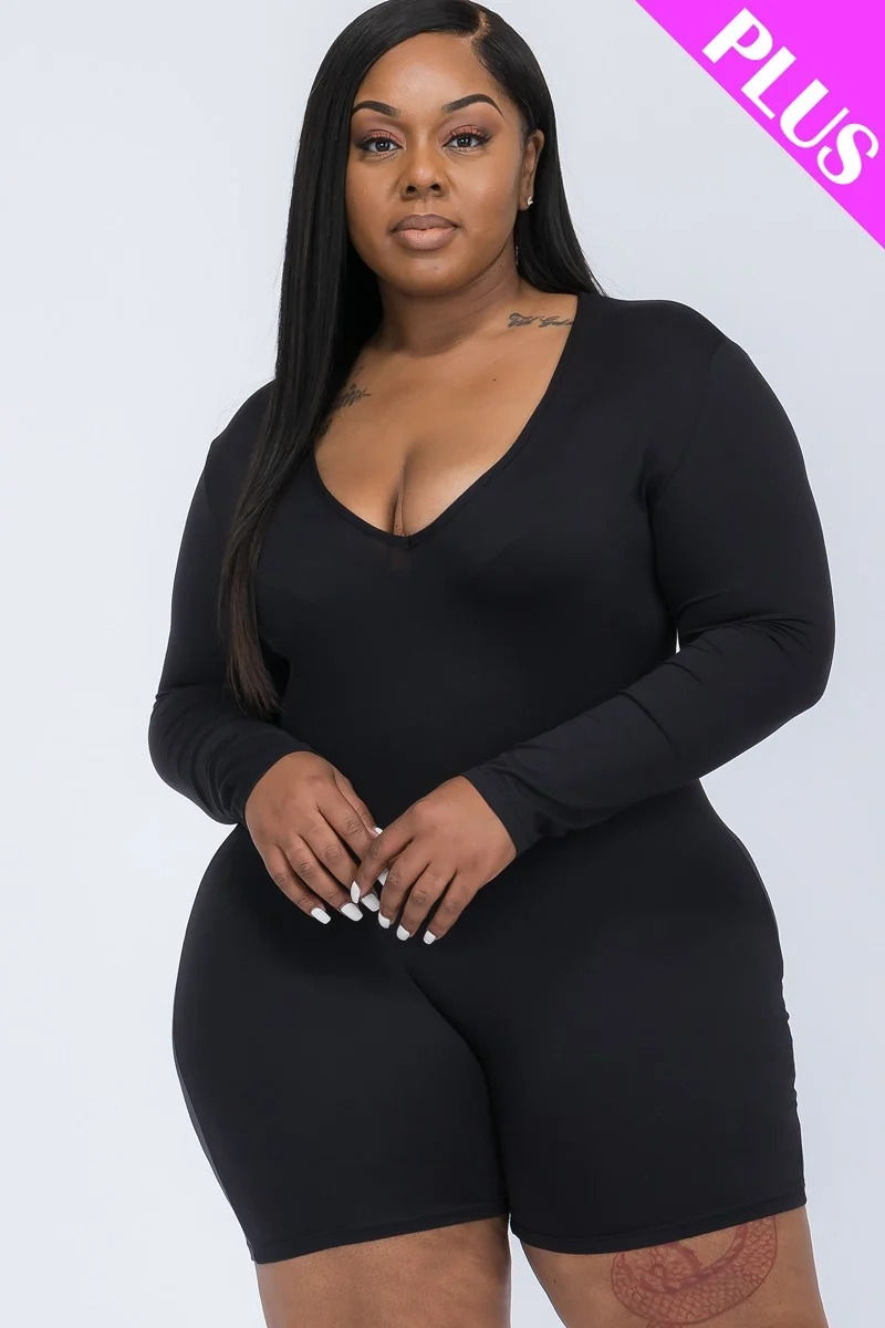 Thumbnail: Plus V-neck Long Sleeve Bodycon Romper