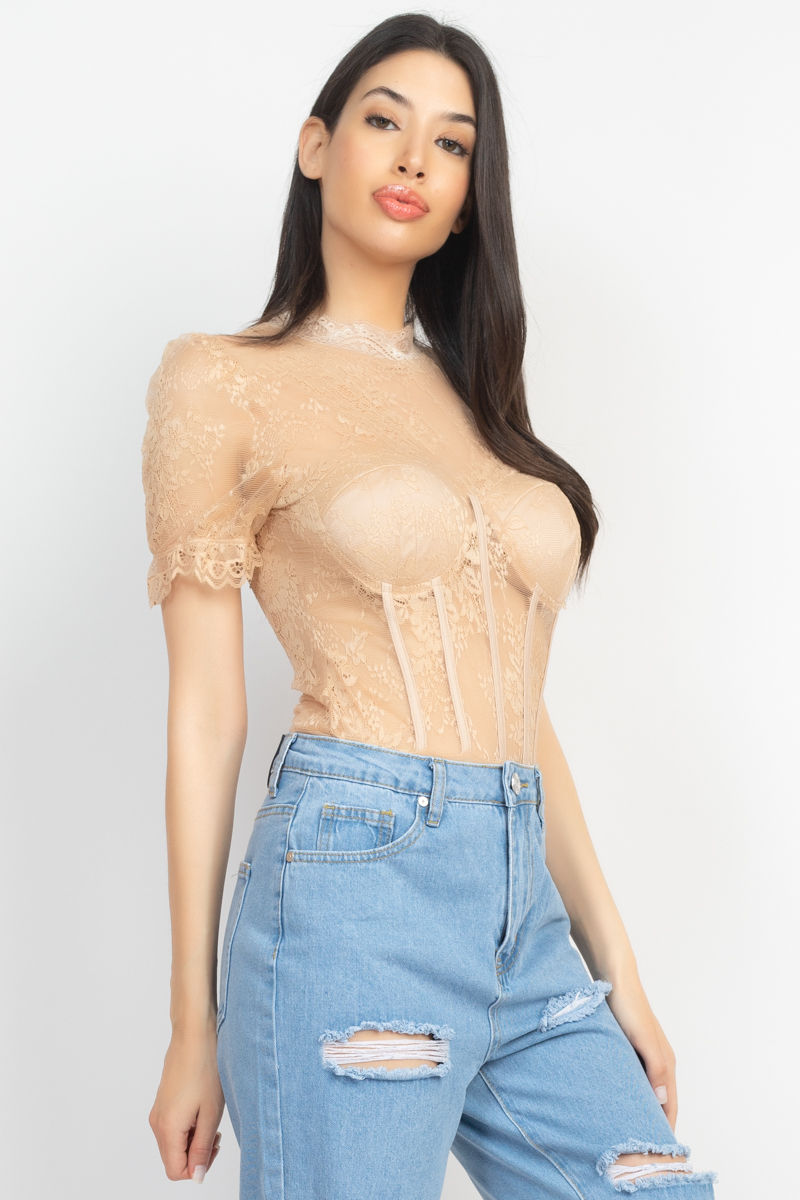 Thumbnail: Floral Lace Corset Keyhole Bodysuit