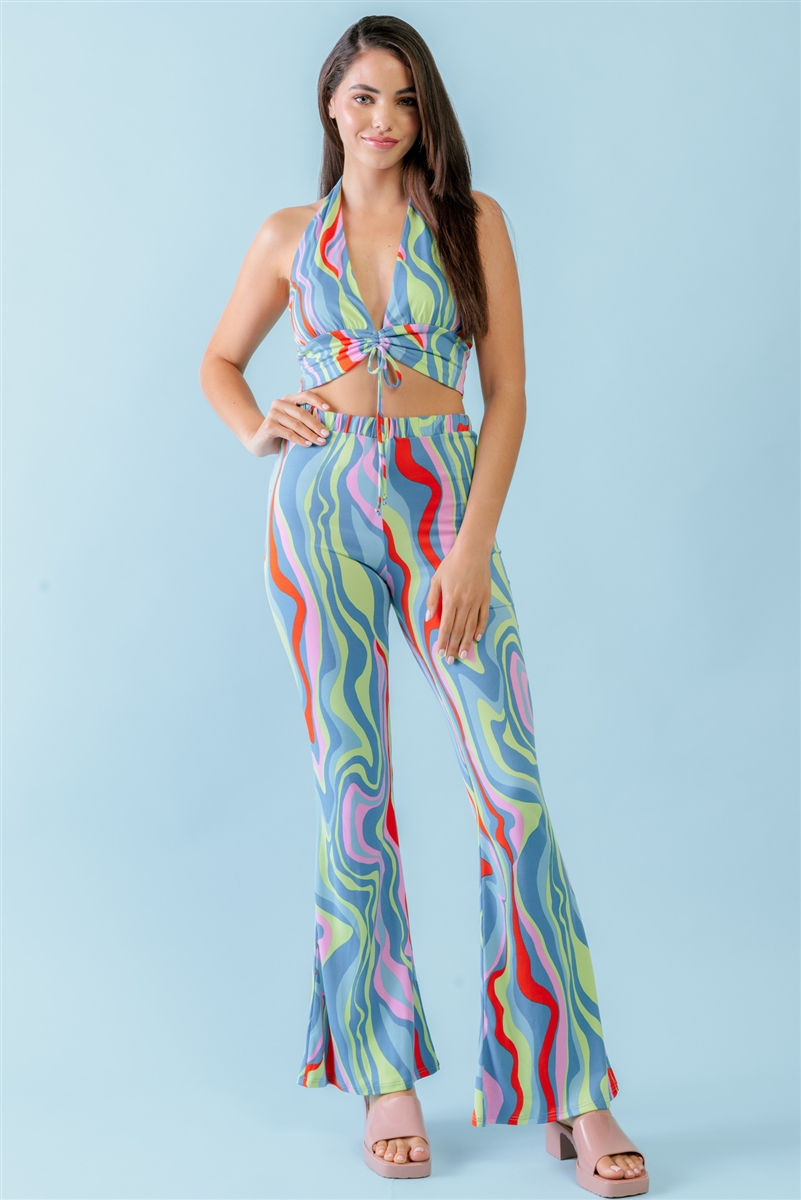Multicolor Abstract Print Halter V-neck Ruched Open Back Crop Top & High Wai...