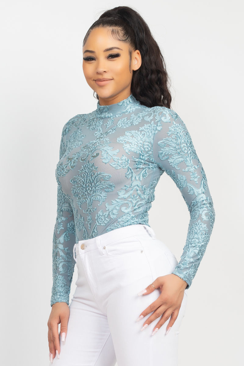 Thumbnail: Embroidered Mock Neck Keyhole Bodysuit