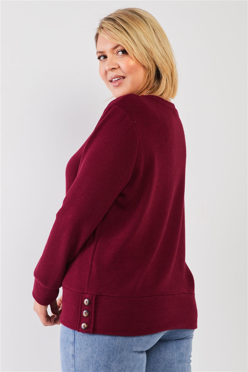 Thumbnail: Plus Wine Red Ribbed Round Neck Long Balloon Sleeve Button Trim Top