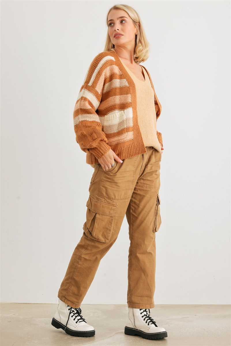 Thumbnail: Camel Striped Crochet Knit Two Pocket Open Front Cardigan