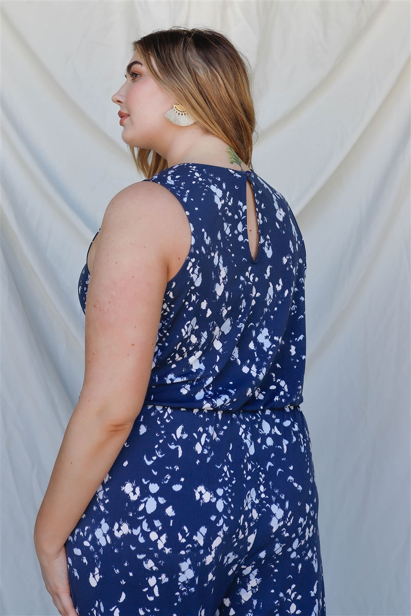 Thumbnail: Plus Navy & Mint Feather Print Sleeveless Jumpsuit