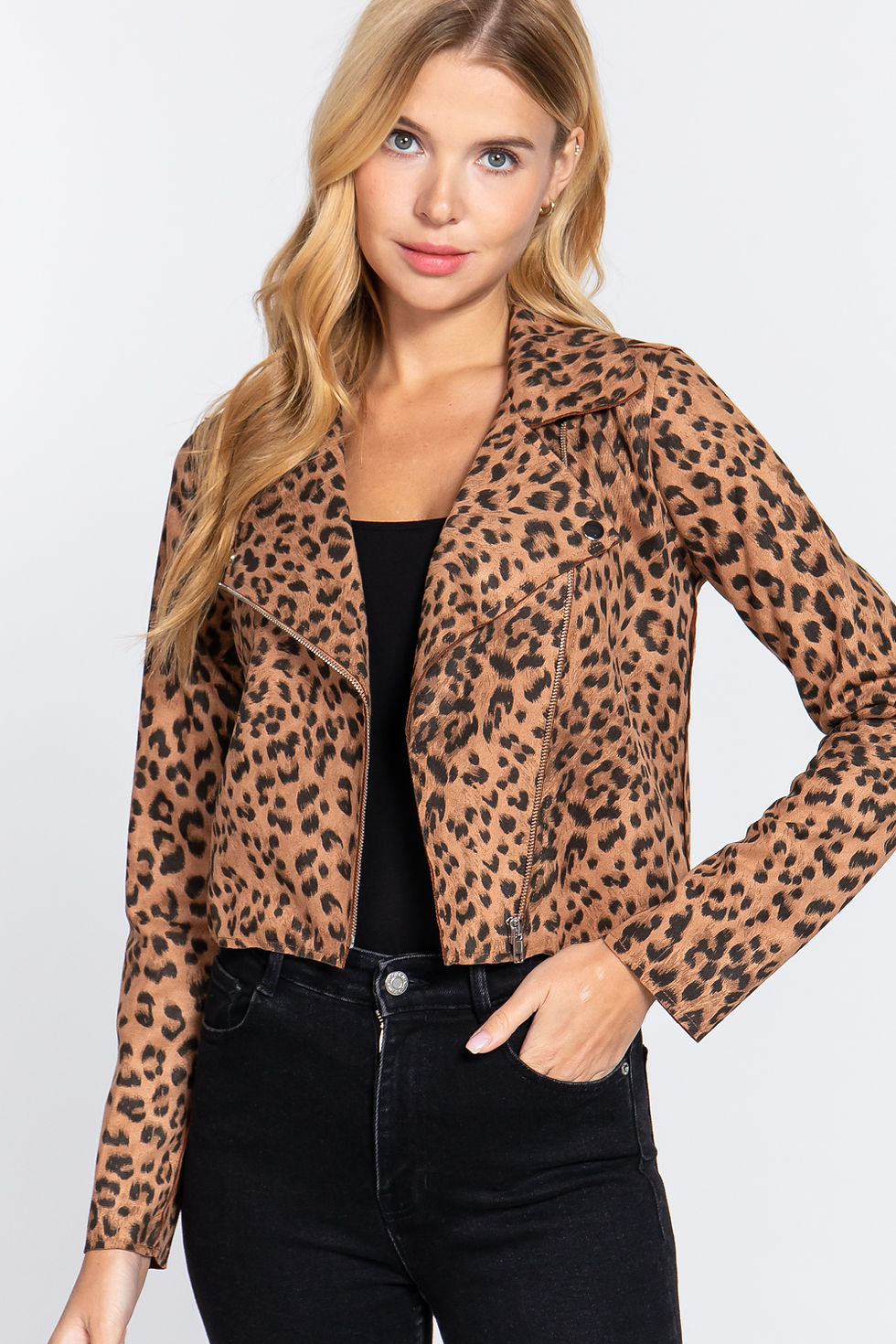 Thumbnail: Leopard Print Faux Suede Biker Jacket    