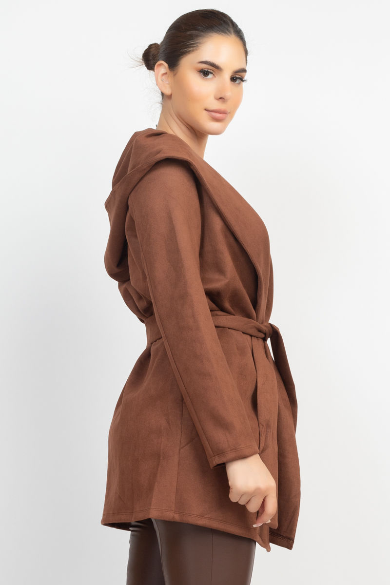 Thumbnail: Suede Hooded Waist-tie Belt Jacket