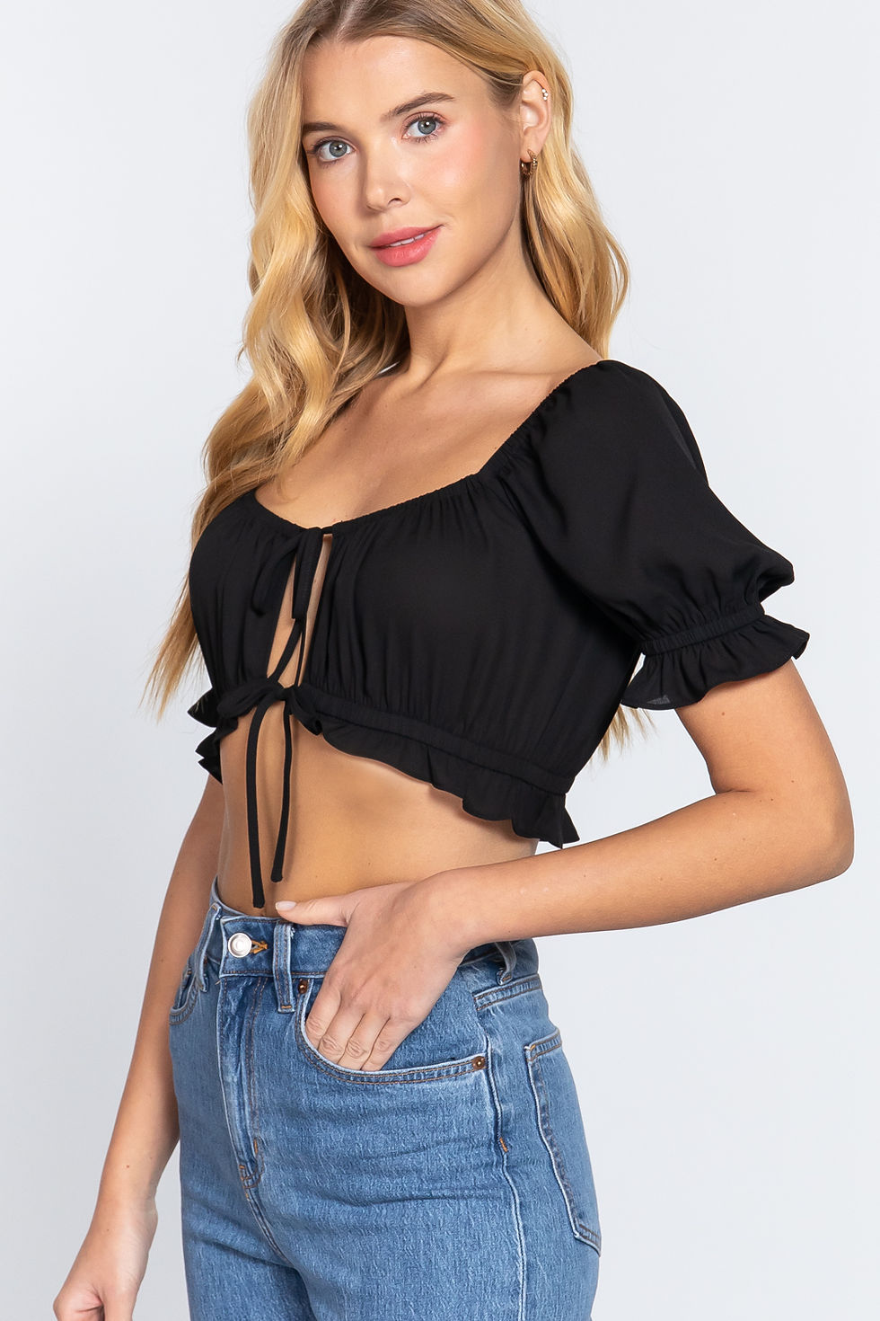 Thumbnail: Short Slv Print Crop Woven Top          