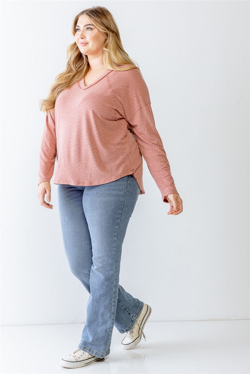 Thumbnail: Plus Leopard Print V-neck Long Sleeve Top