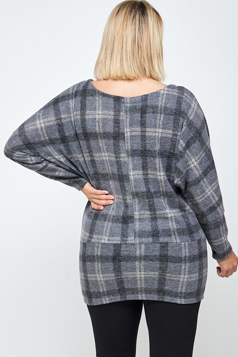Thumbnail: Boat Neck, Plaid Print Tunic Top, With Long Dolman Sleeves