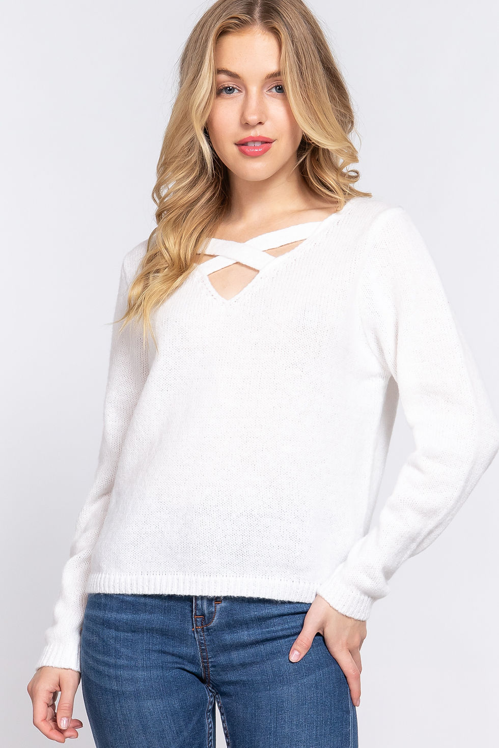 Thumbnail: Long Slv X Strap V-neck Sweater