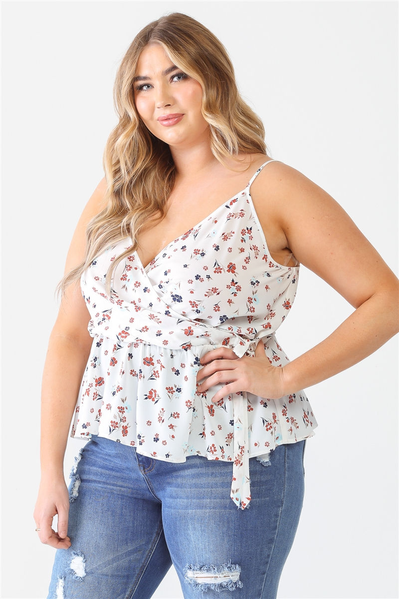 Thumbnail: Plus Floral Sleeveless Wrap Neck Flare Hem Top