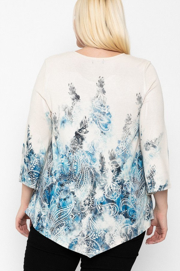 Thumbnail: Print Top Featuring A Round Neckline And 3/4 Bell Sleeves
