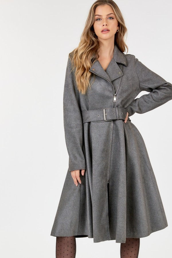 Thumbnail: Waist Belt Tacked Faux Suede Coat Solid Coat