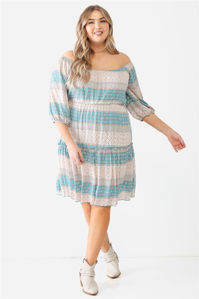 Thumbnail: Plus Combo Printed Textured Ruffle Flare Hem Mini Dress