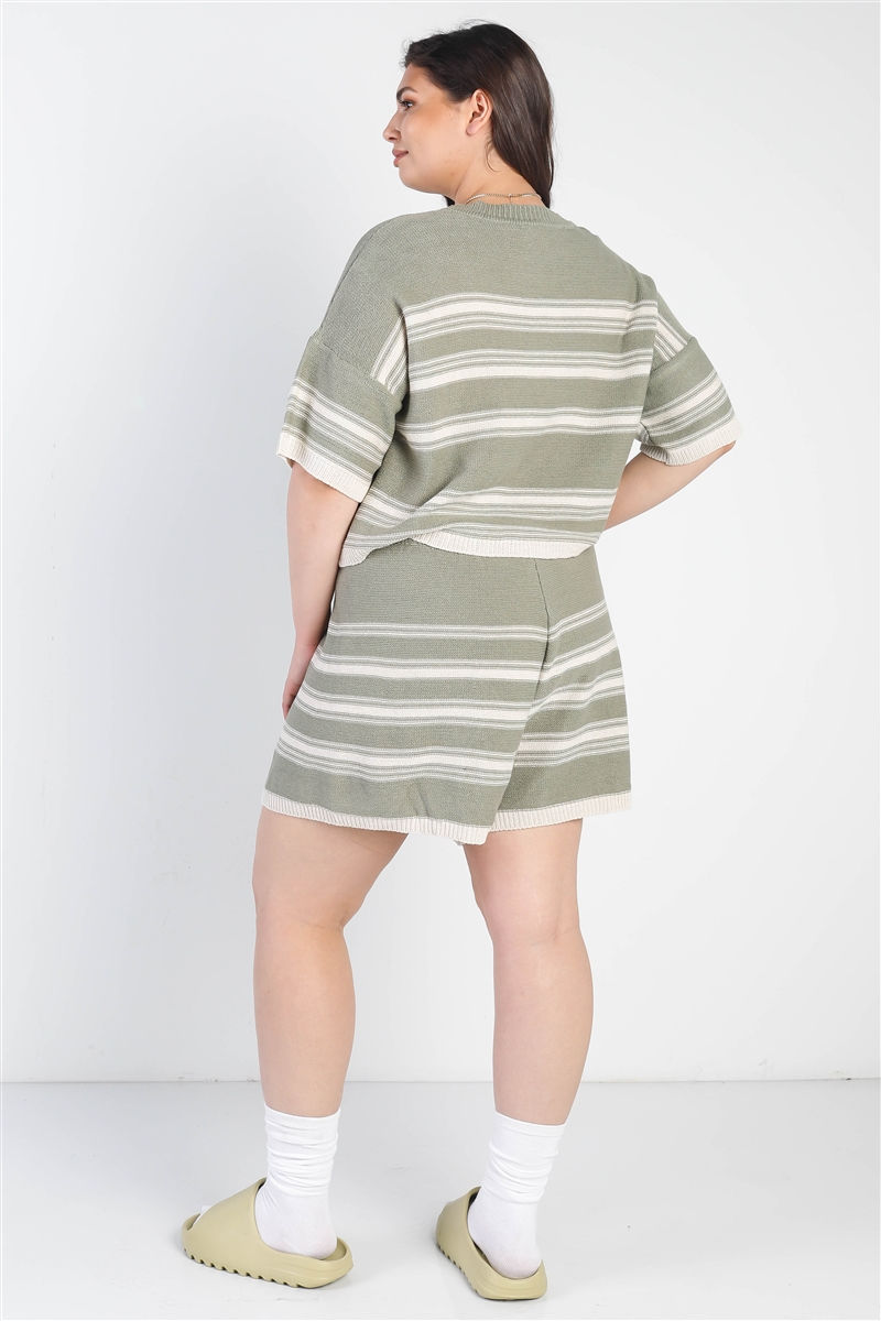 Thumbnail: Plus Olive Striped Knit Short Sleeve Crop Top High Waist Shorts Set