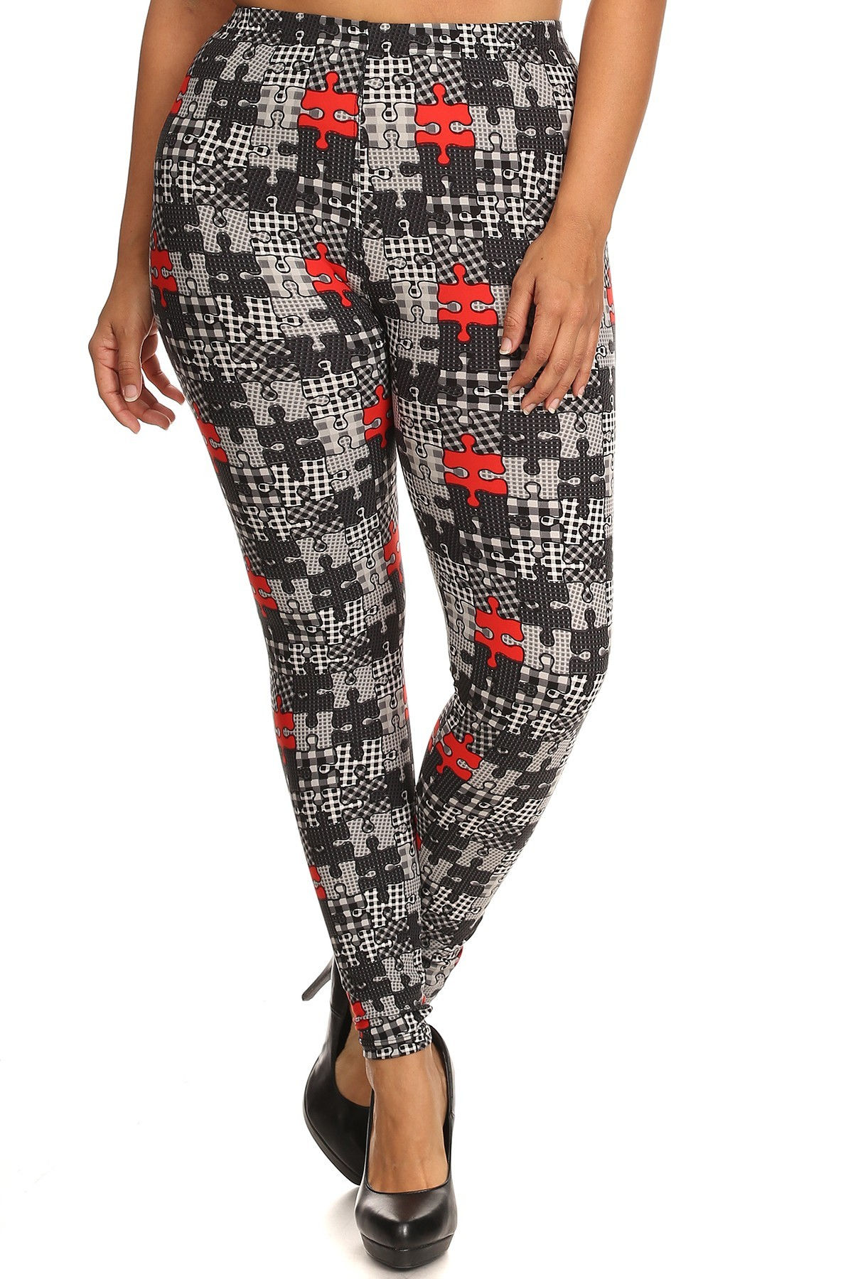 Plus Size Puzzle/plaid Print, Full Length Leggings In A Slim Fitting Style W...