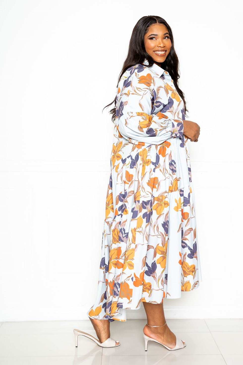 Thumbnail: Printed Tierd Shirt Dress With Puff Sleeves