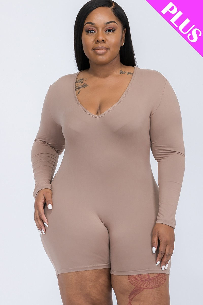 Thumbnail: Plus V-neck Long Sleeve Bodycon Romper
