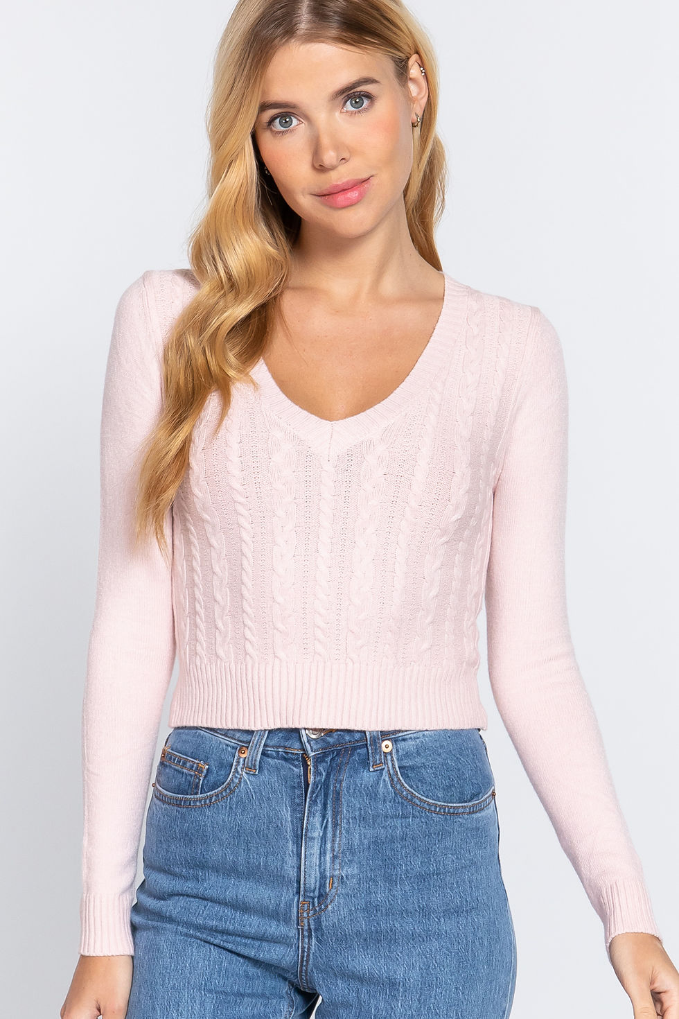 Thumbnail: Long Sleeve V-neck Cable Sweater  