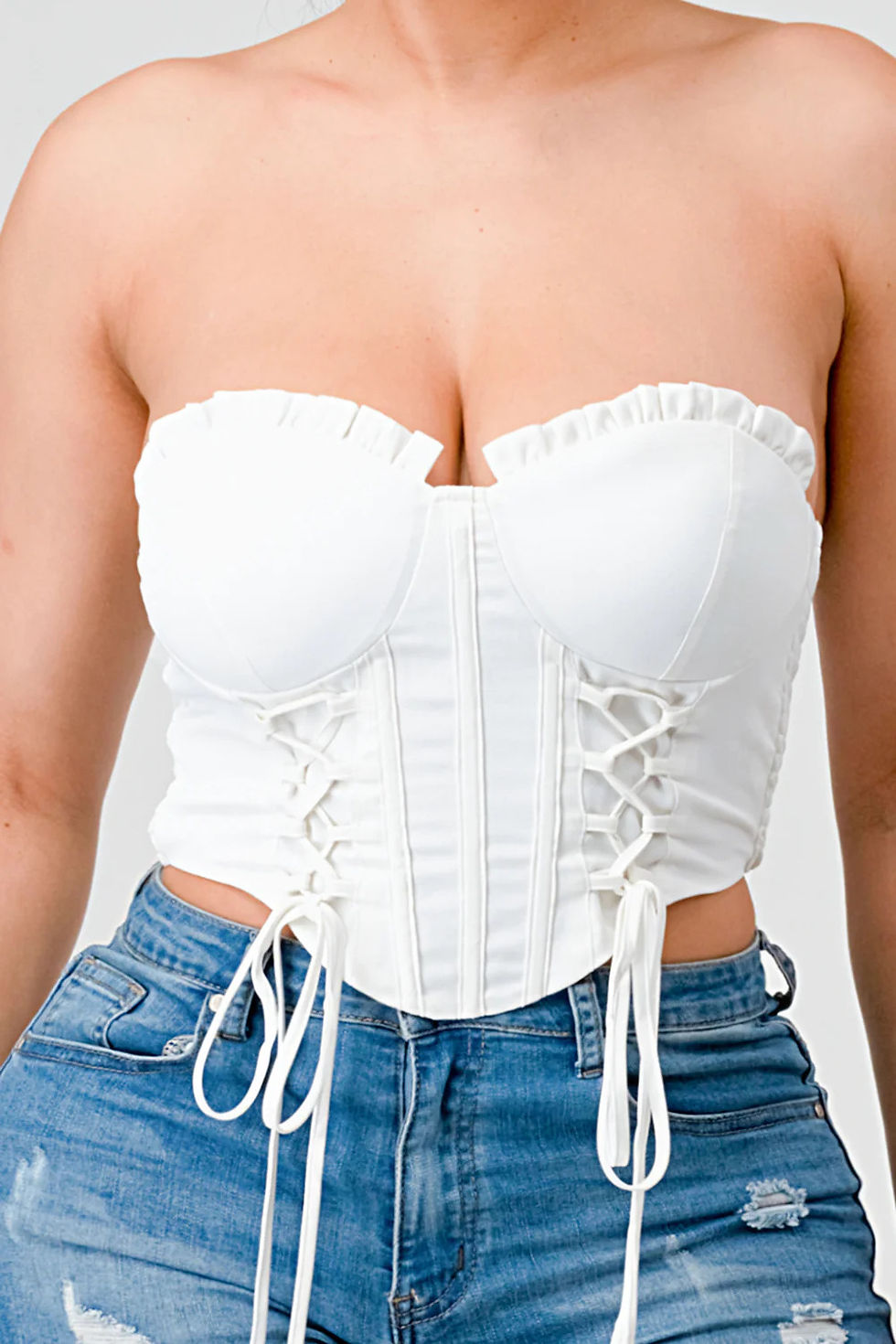 Thumbnail: Luxe sweetheart ruffled drawstring lace bustier top