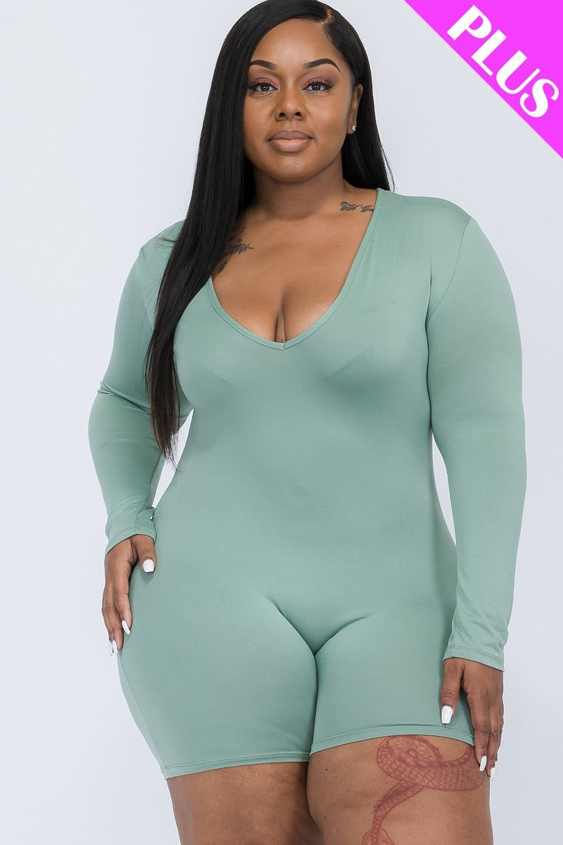 Thumbnail: Plus V-neck Long Sleeve Bodycon Romper