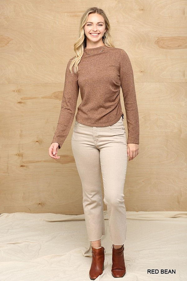 Thumbnail: Solid And Cozy Soft Knit Mock Neck Top With Side Ruched Detail