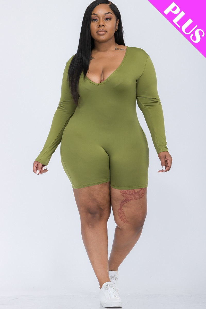 Thumbnail: Plus V-neck Long Sleeve Bodycon Romper