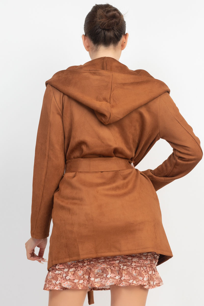 Thumbnail: Suede Hooded Waist-tie Belt Jacket