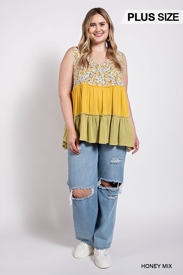 Thumbnail: Floral Color Block Ruffle Detail Tiered V-neck Top