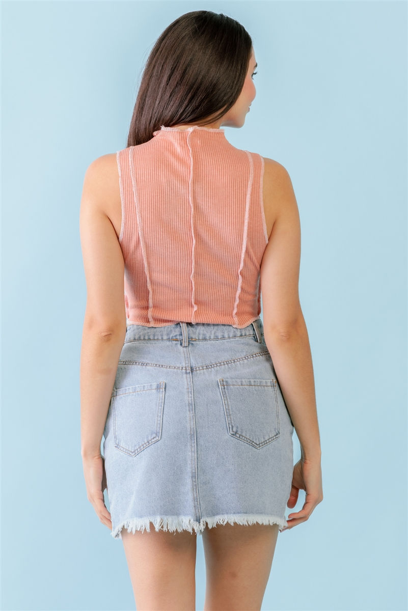 Thumbnail: Dark Peach Ribbed Inside-out Sleeveless Mock Neck Crop Top