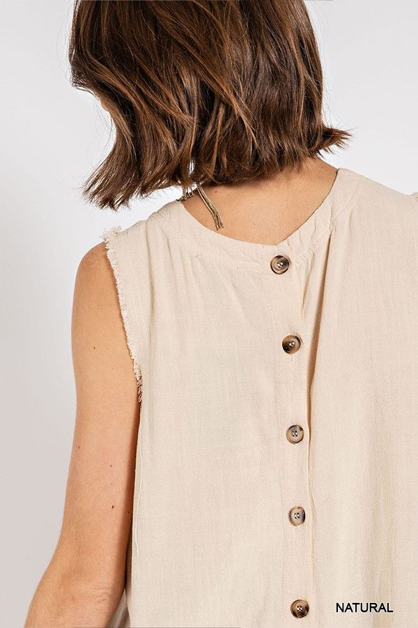 Thumbnail: Sleeveless back button closure frayed top