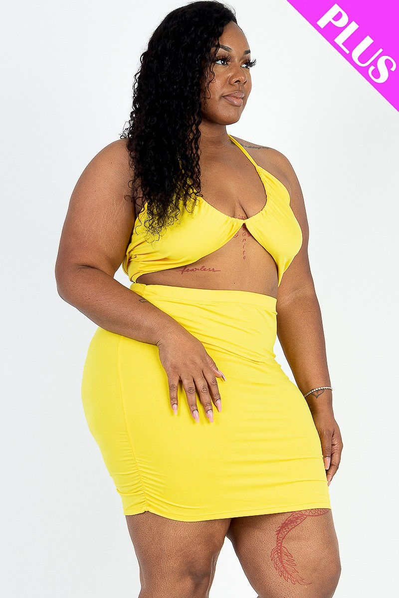 Thumbnail: Plus Size Sexy Solid Crisscross Halter Top & Ruched Mini Skirt Set