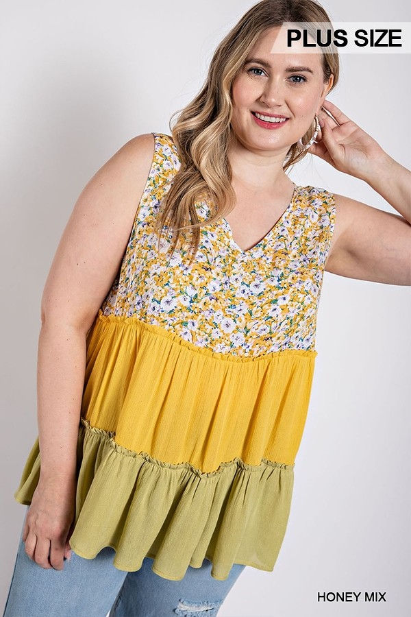 Thumbnail: Floral Color Block Ruffle Detail Tiered V-neck Top