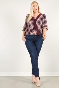 Thumbnail: Plaid 3/4 Sleeve Top With Hi-lo Hem, V-neckline, And Relaxed Fit