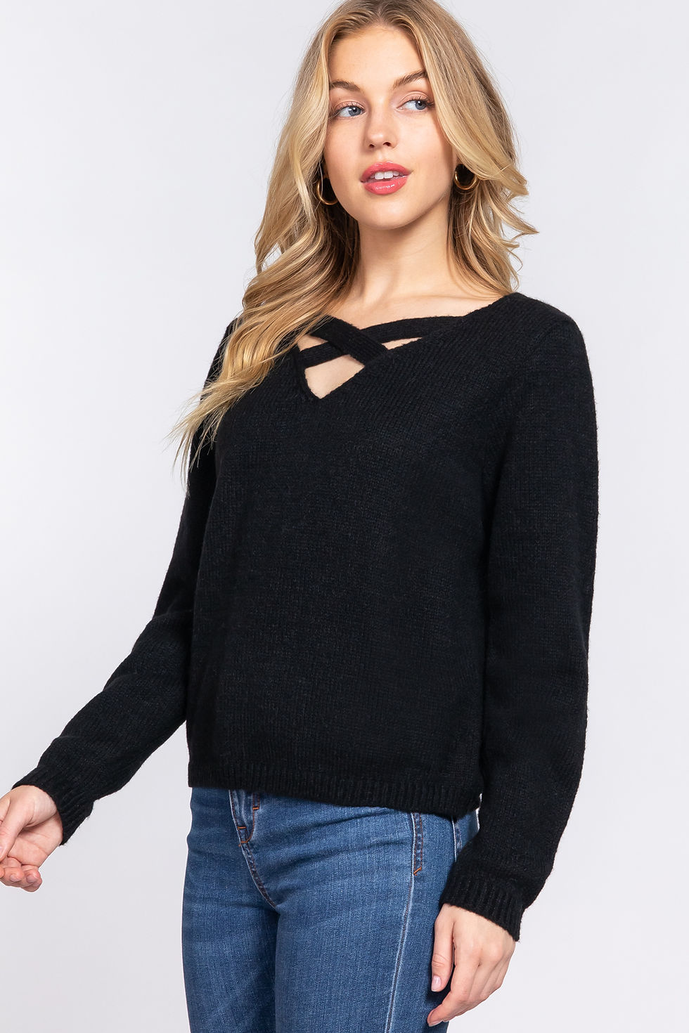 Thumbnail: Long Slv X Strap V-neck Sweater