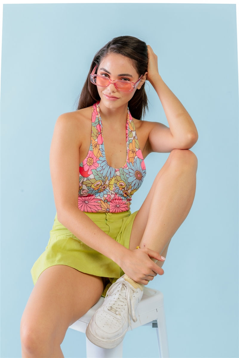 Thumbnail: Multicolor Floral Print Sleeveless U-neck Self-tie Strap Bodysuit