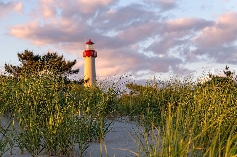 Wide angle view of Cape May Point State Park beach near the lighthouse
