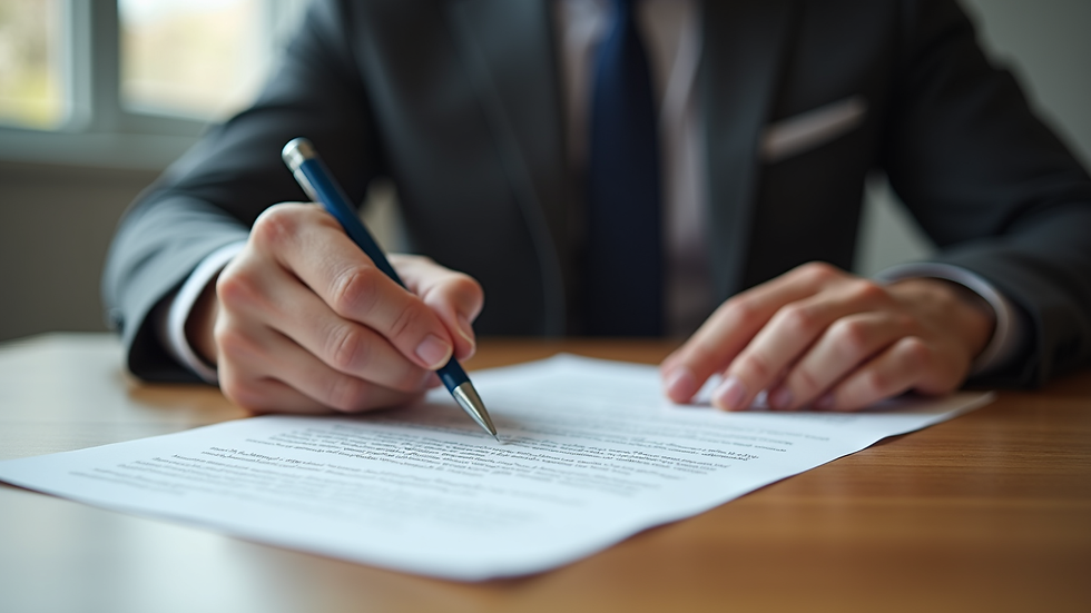 Close-up view of hands signing a legal document on a wooden table