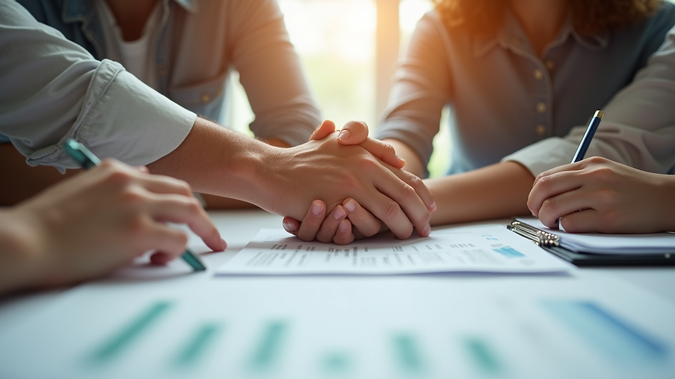 Close-up view of a family holding hands around a table with financial documents